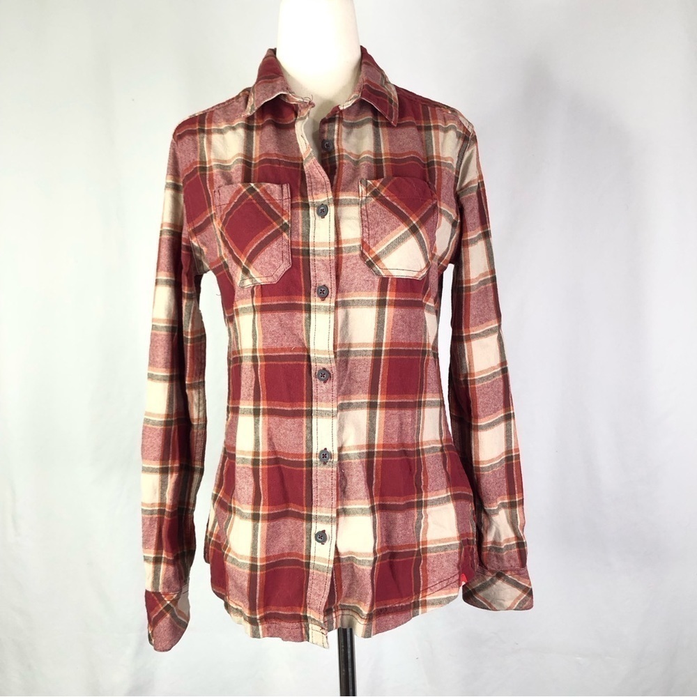 EMS plaid flannel shirt button down slim fit thick soft cotton red cream XS